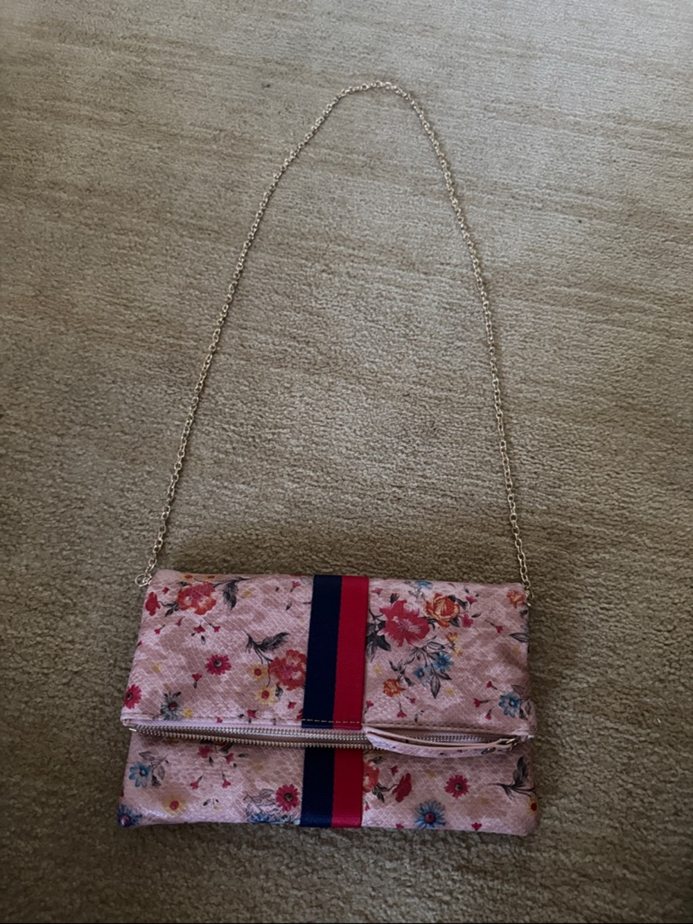 Pink Floral Foldover Clutch with Gold Chain
